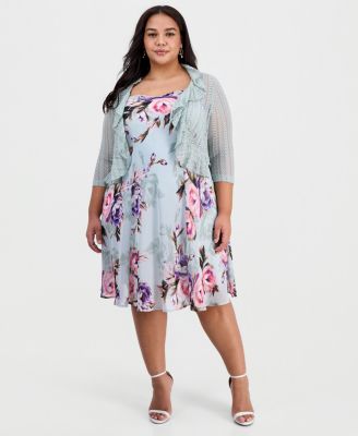 Plus Size 2-Pc. Floral Chiffon Sleeveless Dress and Ruffle-Front Jacket