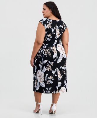 Plus Size Floral Draped-Neck Side-Tuck Dress