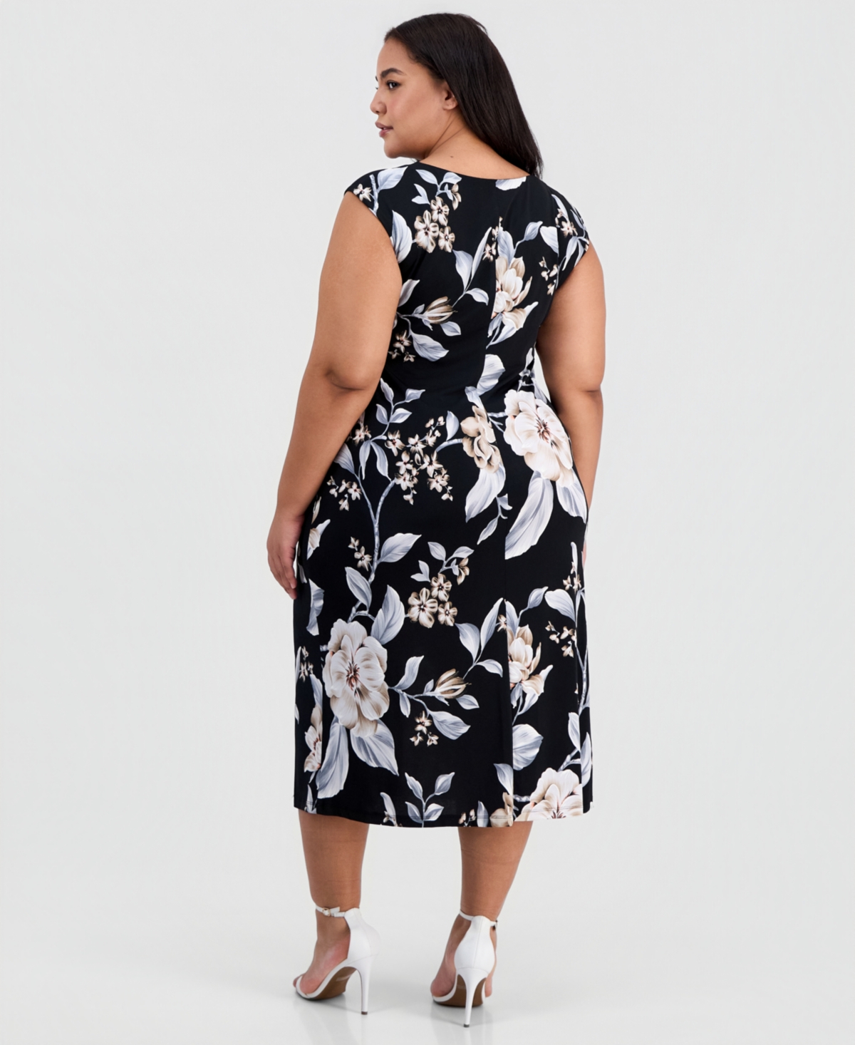 Connected Plus Floral Draped-Neck Side-Tuck Dress