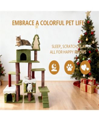 Festive Cat Tree with Star & Snow Designs, Multi-Level Play & Cozy Cabins
