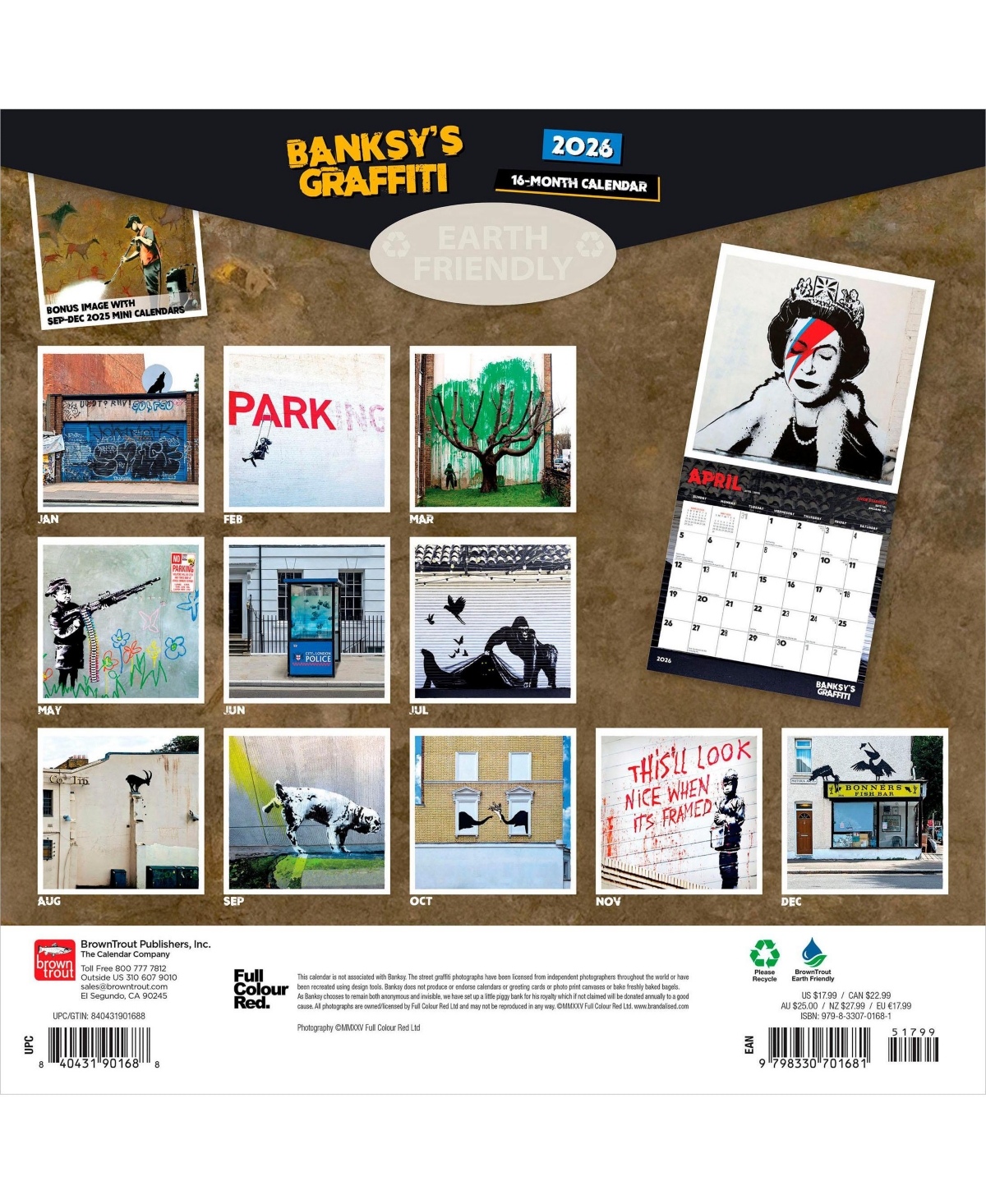 BrownTrout Banksy's Graffiti Official | 2026 12 x 24 Inch (Hanging) Monthly Square Wall Calendar | Plastic-Free