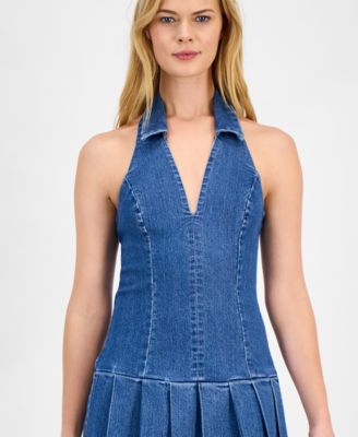 Juniors' Denim Halter Drop-Waist Mini Dress
