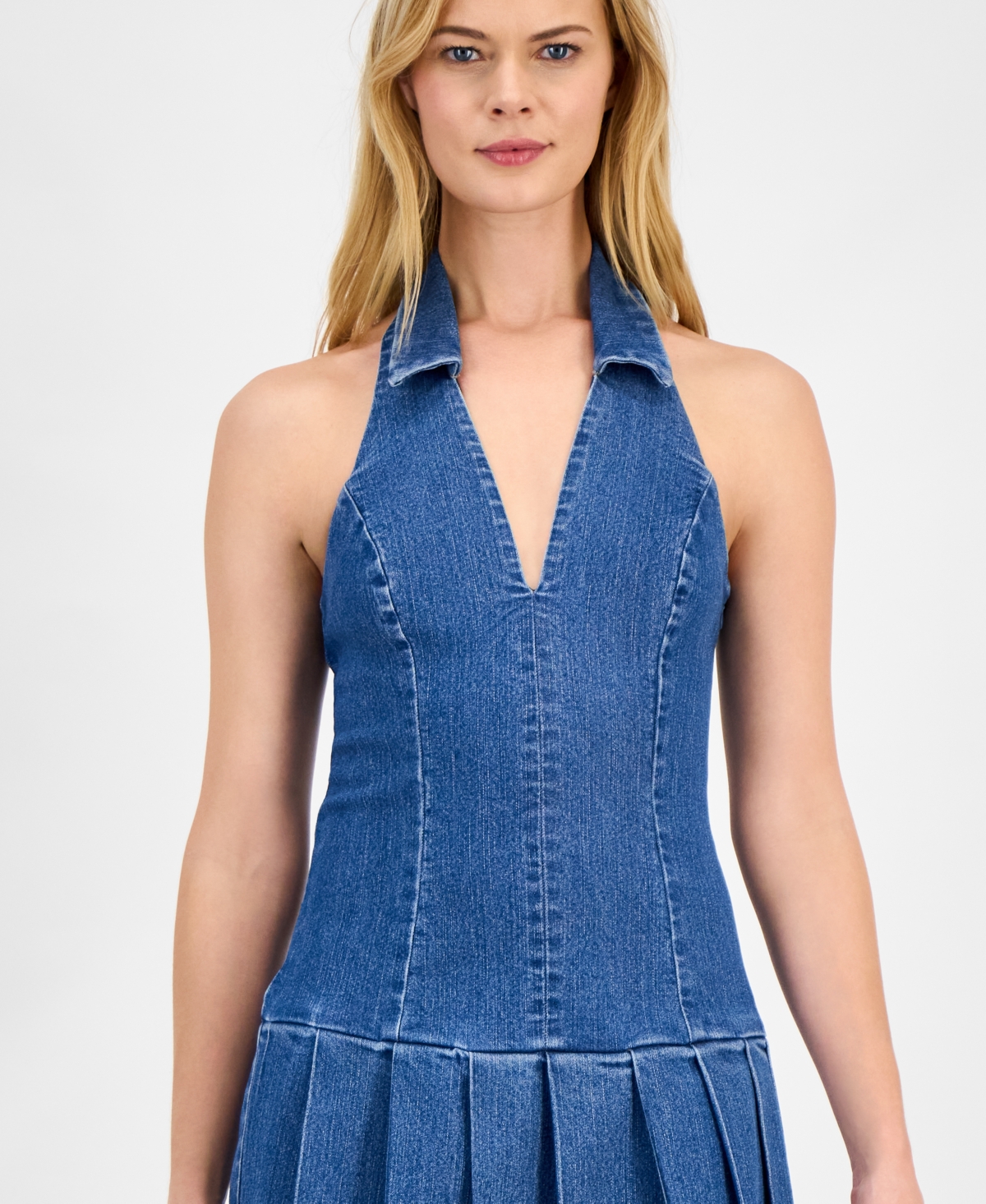 On 14th Juniors' Denim Halter Drop-Waist Mini Dress