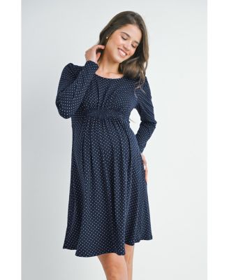 Maternity Long Sleeve Crewneck Polka Dot Dress