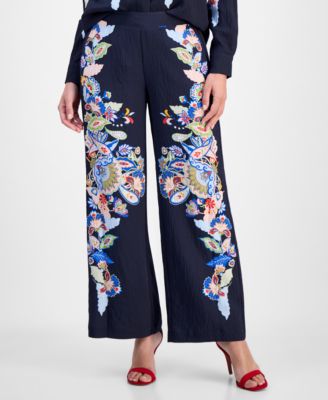 Women's Floral Placement-Print Pull-On Pants