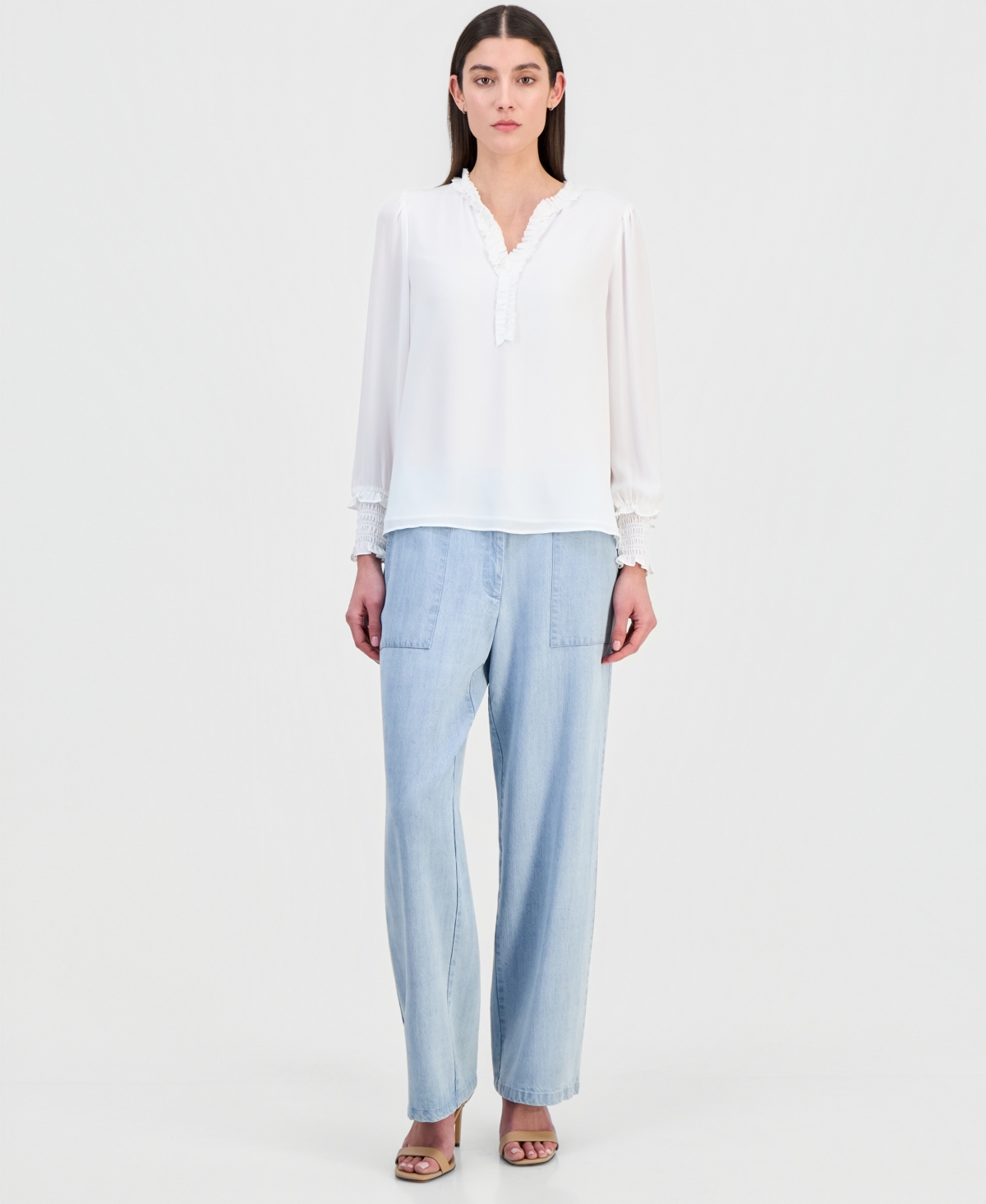 T Tahari Women's Chiffon Split-Neck Ruffled Blouse