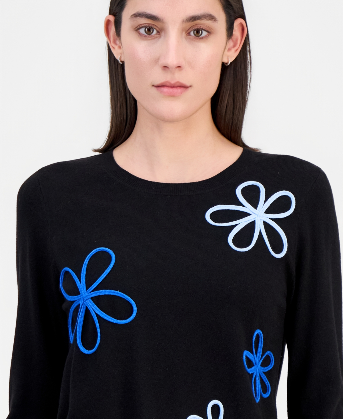 T Tahari Women's Floral-Applique Crewneck Sweater