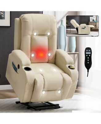 Faux Leather Power Lift Recliner for Elderly with Massage & Heat, Infinite Position Chair with USB, Cup Holders, Heavy-Duty Base