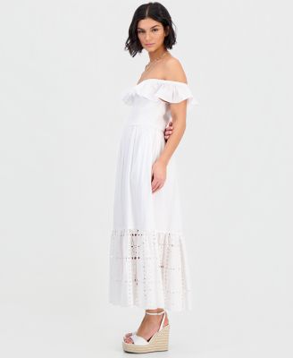 Women's Off-The-Shoulder Flounced Smocked Midi Dress