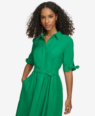 Petite Tie-Sleeve Collared Midi Shirt Dress