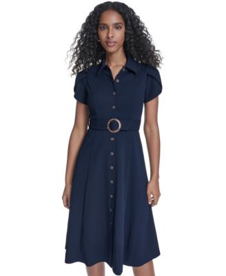 Petite Tulip-Sleeve Belted Crepe Shirt Dress