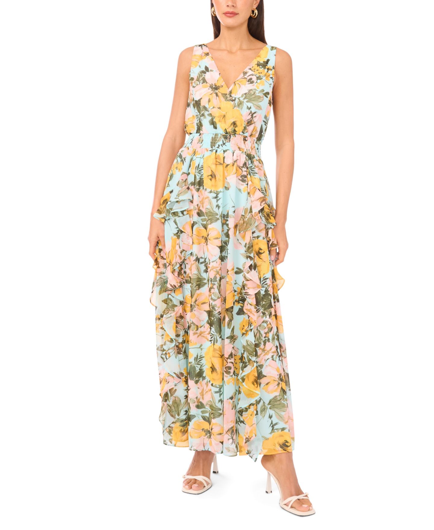 Женское платье 1.STATE Sleeveless V-Neck Ruffle Maxi, цвет: Ледяной аквамариновый — фото 1