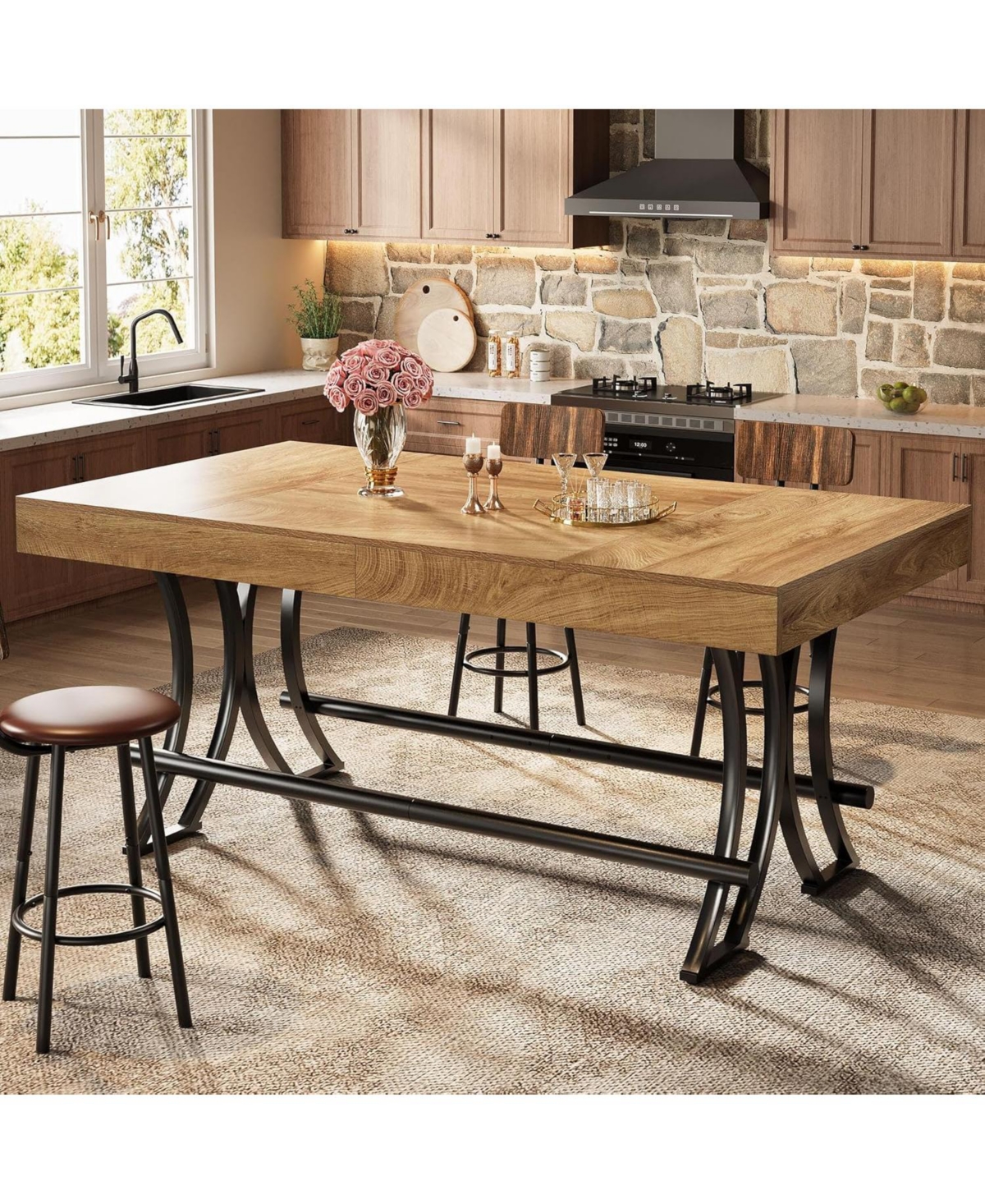 Tribesigns 63" Counter Height Dining Table with Metal Footrest, Rectangular Tall Kitchen Bar Table, Natural
