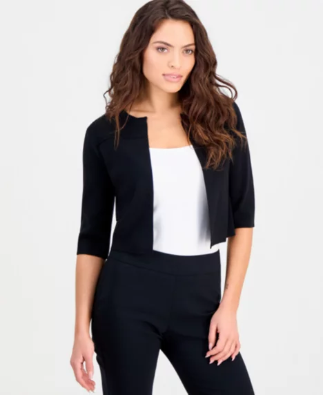 Petite Open-Front 3/4-Sleeve Jersey Shrug - Black