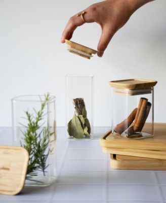 Square Glass Bamboo Canisters for Spice Herbs, Set of 4
