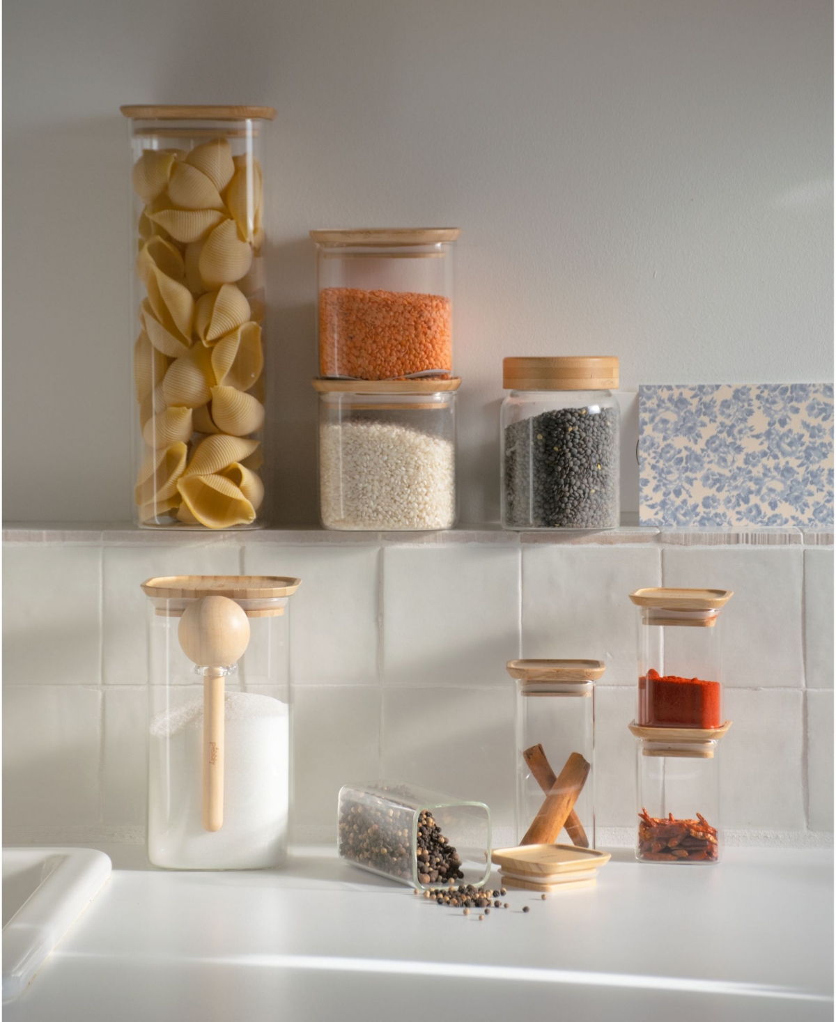 Pebbly Square Glass Canisters With Bamboo Lid, Set of 3