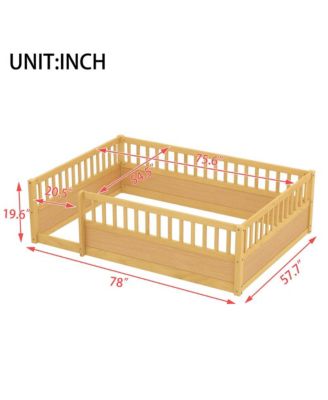 Montessori Wooden Floor Bed with Safety Fence Kids Low Profile Play Bed Frame for Bedroom & Playroom