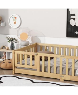 Twin Size Floor Bed with Safety Fence & Door Rubber Wood Kids Bed for Compact Rooms