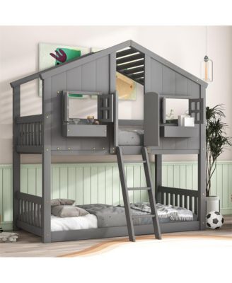 Twin over Twin House Bunk Bed with Roof Window Door & Safety Guardrails Playful Wooden Loft Bed for Kids