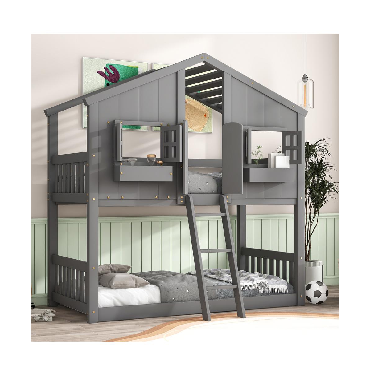 Cesicia Twin over House Bunk Bed with Roof Window Door & Safety Guardrails Playful Wooden Loft for Kids