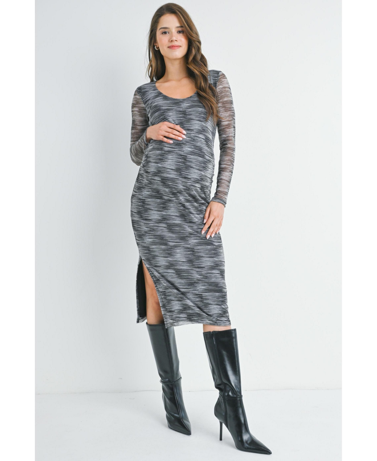 Hello Miz Maternity Long Sleeve Side Slit Scoop Neck Bodycon Dress