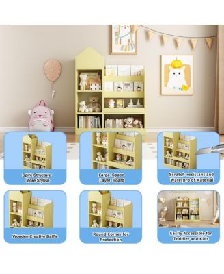 Yellow Wooden Kids Bookshelf with 6 Compartments for Books
