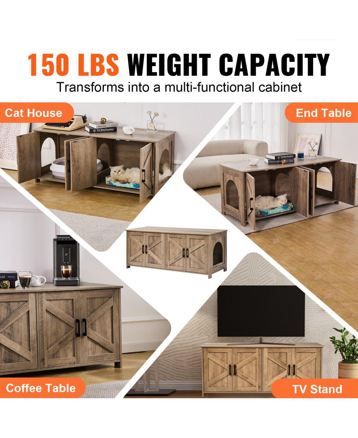 Cozito Double-Compartment Wooden Litter Box Enclosure, 47.2", Greige