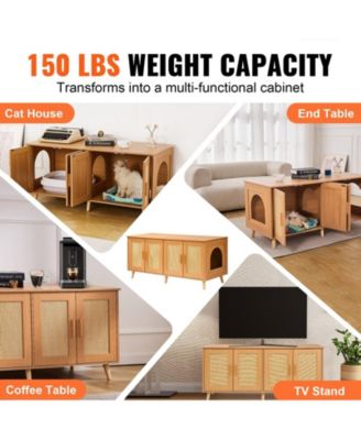 Double-Compartment Wooden Litter Box Enclosure with Rattan-Style Doors, 47.2", Natural