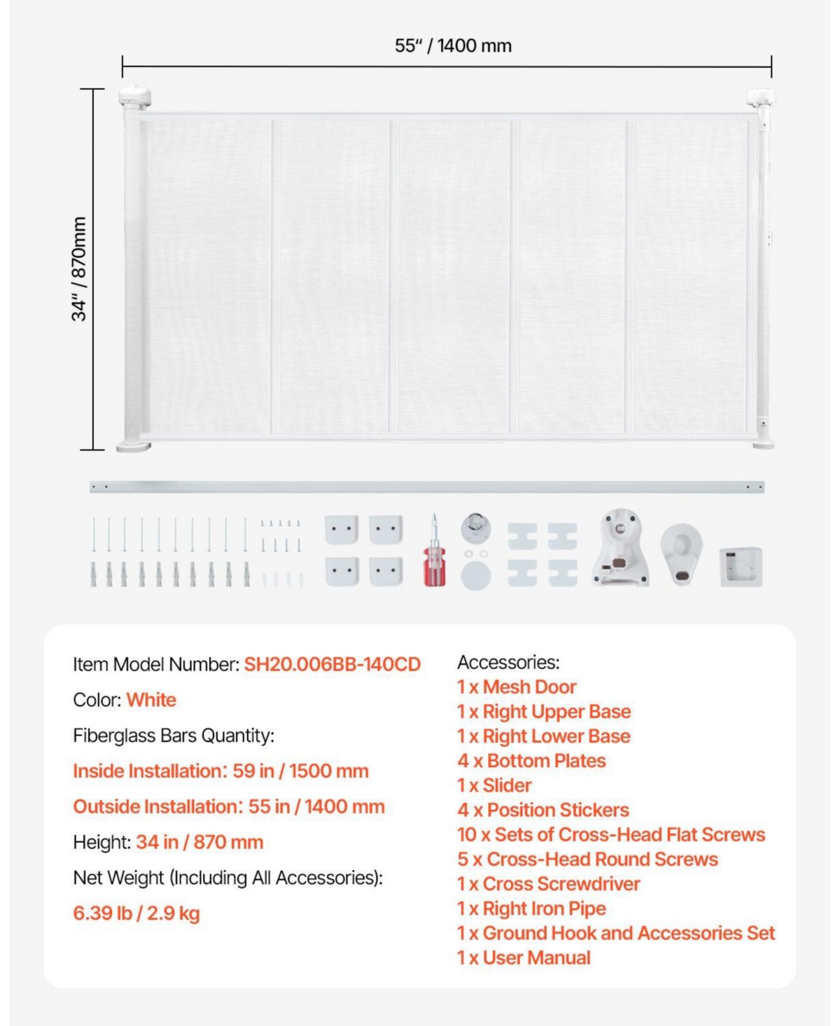 Cozito Retractable Mesh Safety Gate, Extends up to 55", White