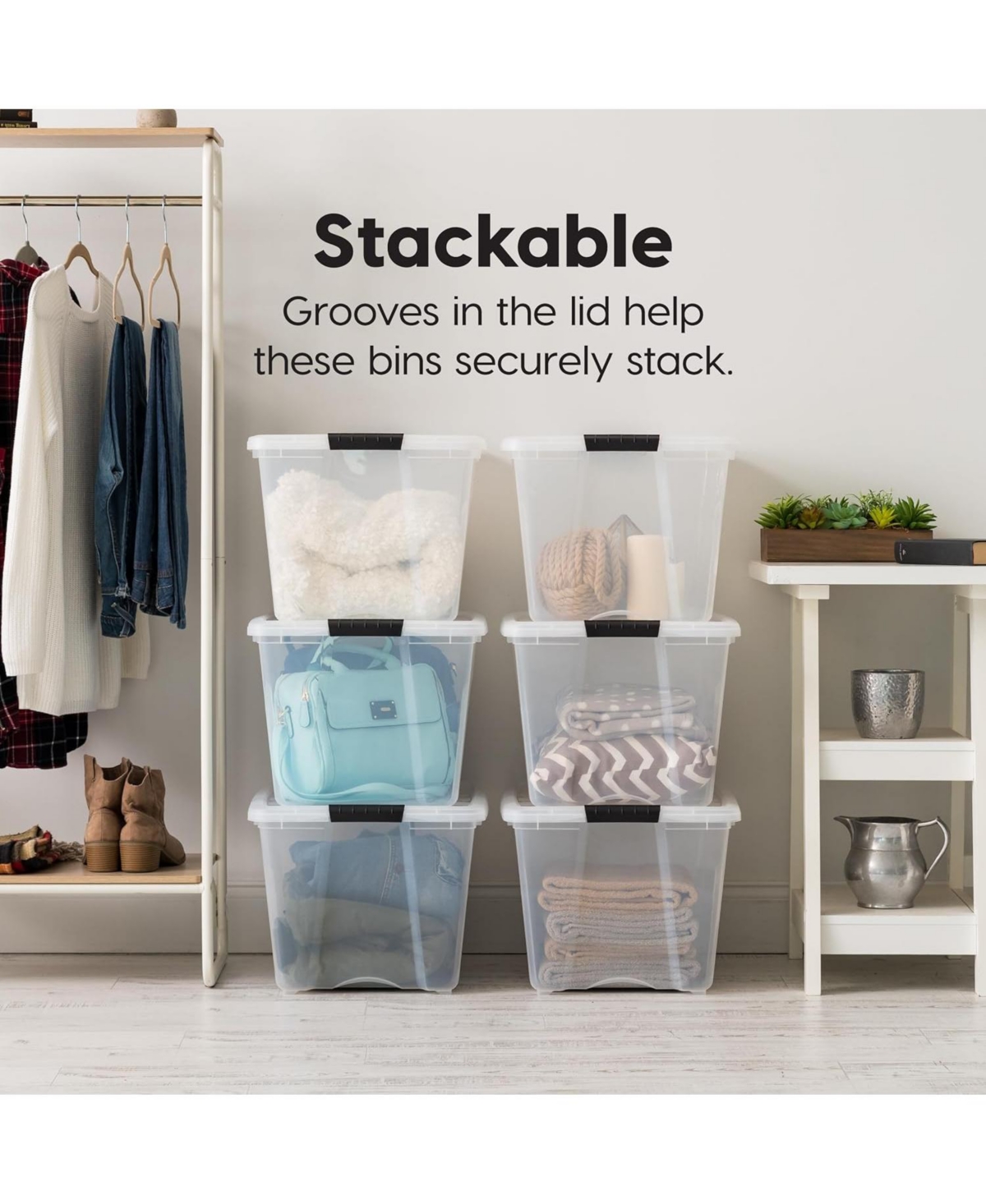 Iris Usa 54 Qt Stackable Plastic Storage Bins with Lids, 6 Pack, Latches, Durable Nestable Containers, Secure Pull Handle