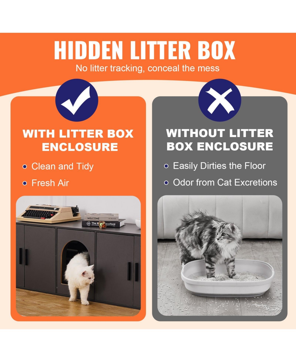 Cozito Double-Compartment Wooden Cat Litter Box Enclosure, Black