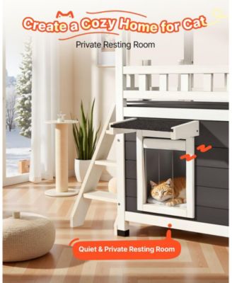 30" 2-Story Wooden Outdoor Cat House with Balcony & Stairs