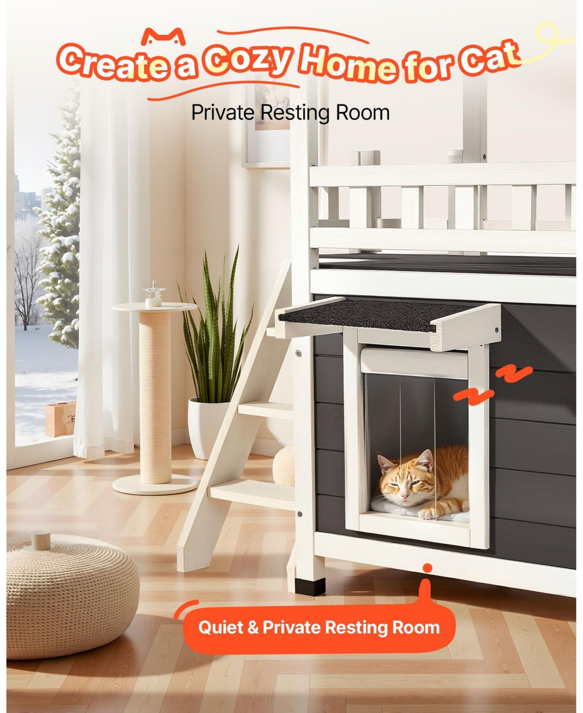 Cozito 30" 2-Story Wooden Outdoor Cat House with Balcony & Stairs