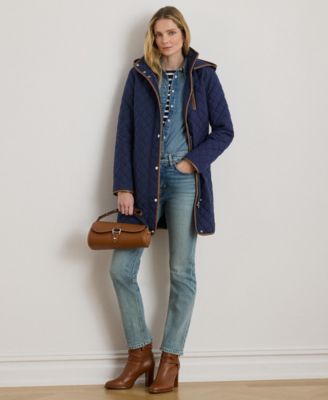 Womens Hooded Quilted Faux-Suede-Trim Coat