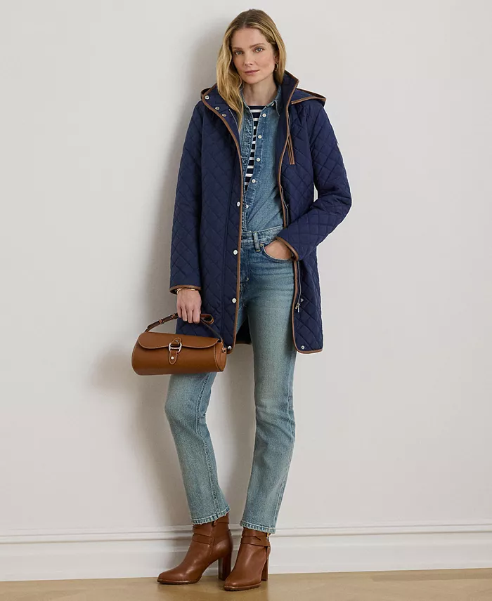 Womens Hooded Quilted Faux-Suede-Trim Coat - thumbnail 7