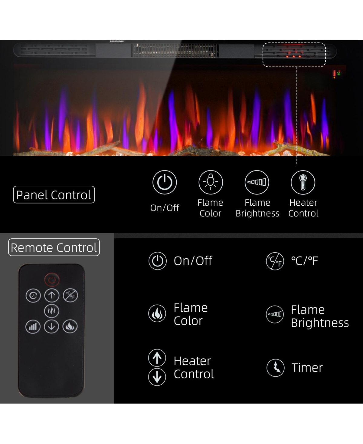 Homcom 36" Recessed or Wall Mounted Electric Fireplace w/ Remote Control