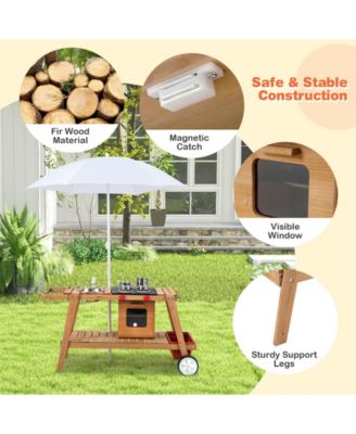 Wooden Play Cart with Sun Proof Umbrella for Toddlers Over 3 Years Old-Brown