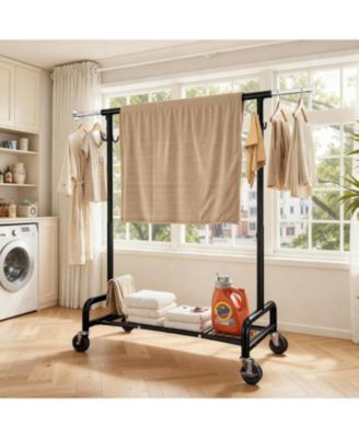 75" W Heavy Duty Clothes Rack Load 450 LBS, Metal Garment Storage with Shelf, Lockable Wheels & Anti-Slip Stoppers, Rolling Clothing Rack