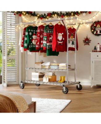 74" W Heavy Duty Clothes Rack, Double Rods Clothing Rack Load 630 LBS, Rolling Clothes Racks for Hanging Clothes 400+, Garment Rack