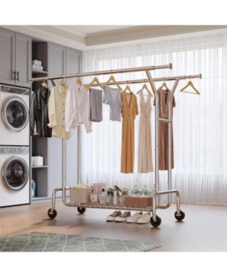 Double Rods Rolling Clothing Rack with 360° Lockable Wheels, Easy Assembly, Portable Adjustable Garment Rack with Shelves