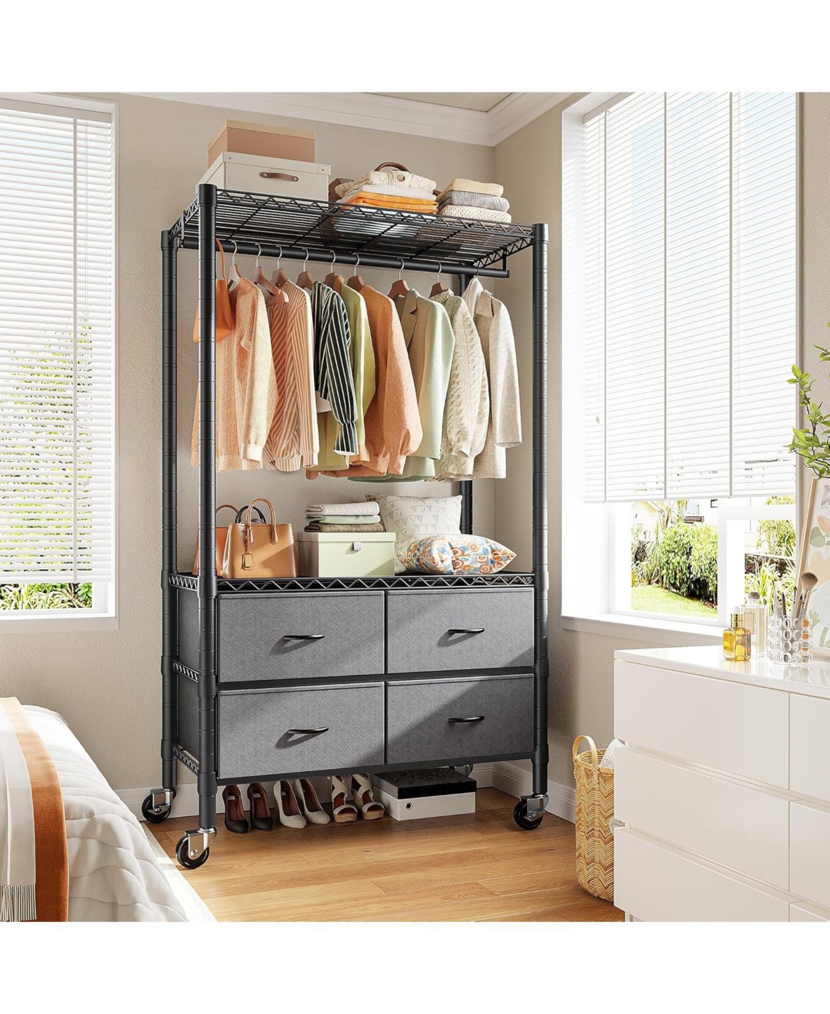 Raybee Clothes Rack Heavy Duty Clothing Rack with Rolling Wheels & 4 Drawers, Clothing Racks for Hanging Clothes with Drawers