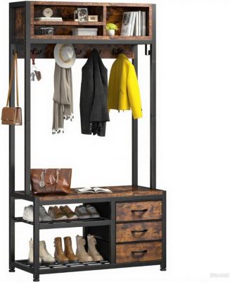 Hall Tree with Bench and Shoe Storage, Coat Rack Freestanding with 3 Fabric Drawers, Entryway Bench with Shoe Storage, Hall Tree with 12 Hooks