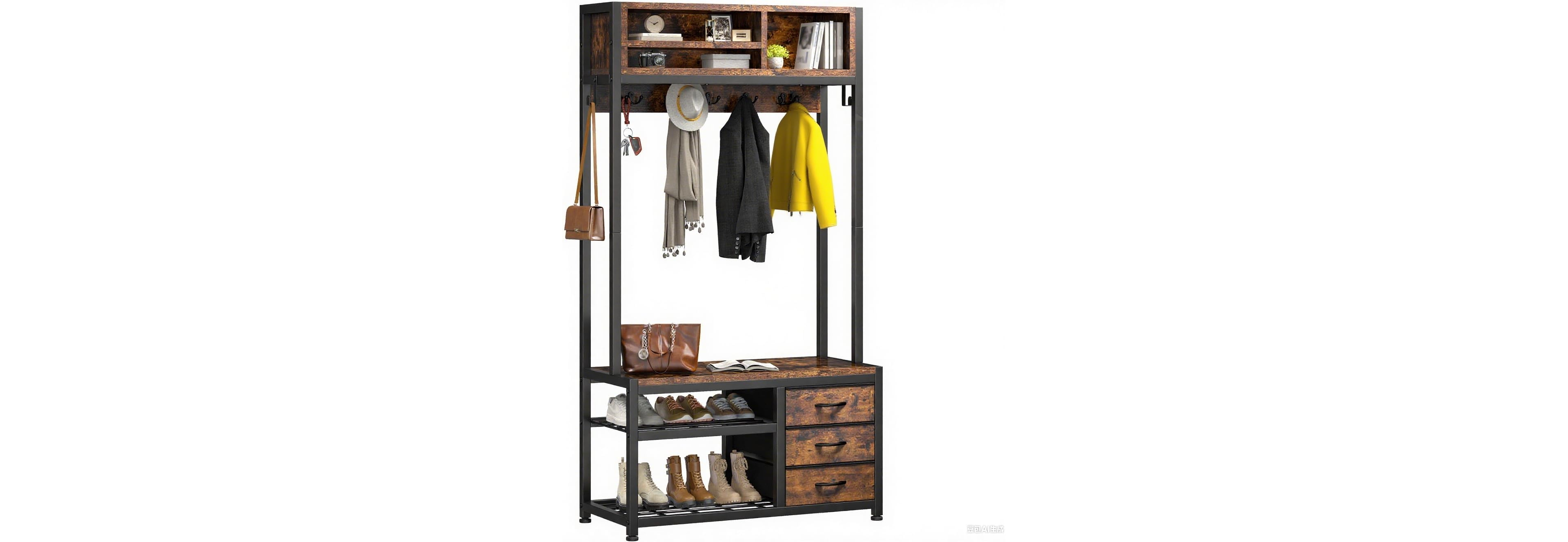 Raybee Hall Tree with Bench and Shoe Storage, Coat Rack Freestanding with 3 Fabric Drawers, Entryway Bench with Shoe Storage, Hall Tree with 12 Hooks