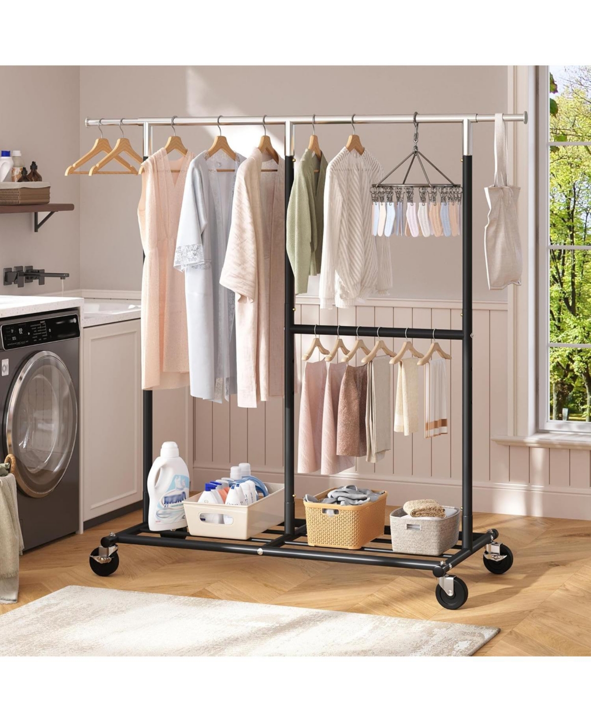 Raybee Clothes Rack Heavy Duty, Clothing Racks for Hanging Clothes 200+, Metal Clothing Rack with Wheels, Rolling Commercial Garment Rack Portable