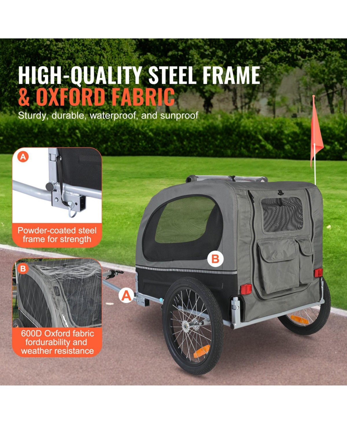 Cozito Foldable Pet Bike Trailer with Universal Coupler, Holds up to 88 lbs., Black & Gray