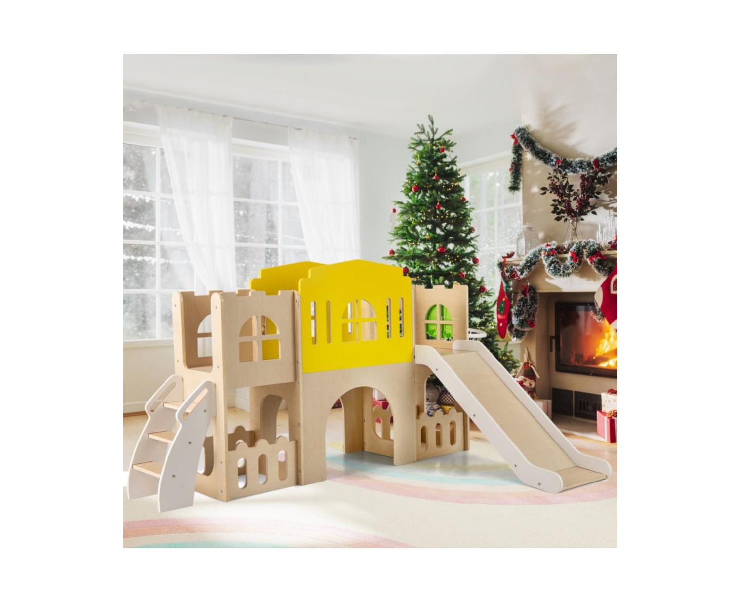 7-in-1 Wooden Slide and Climber Set with Basketball Hoop