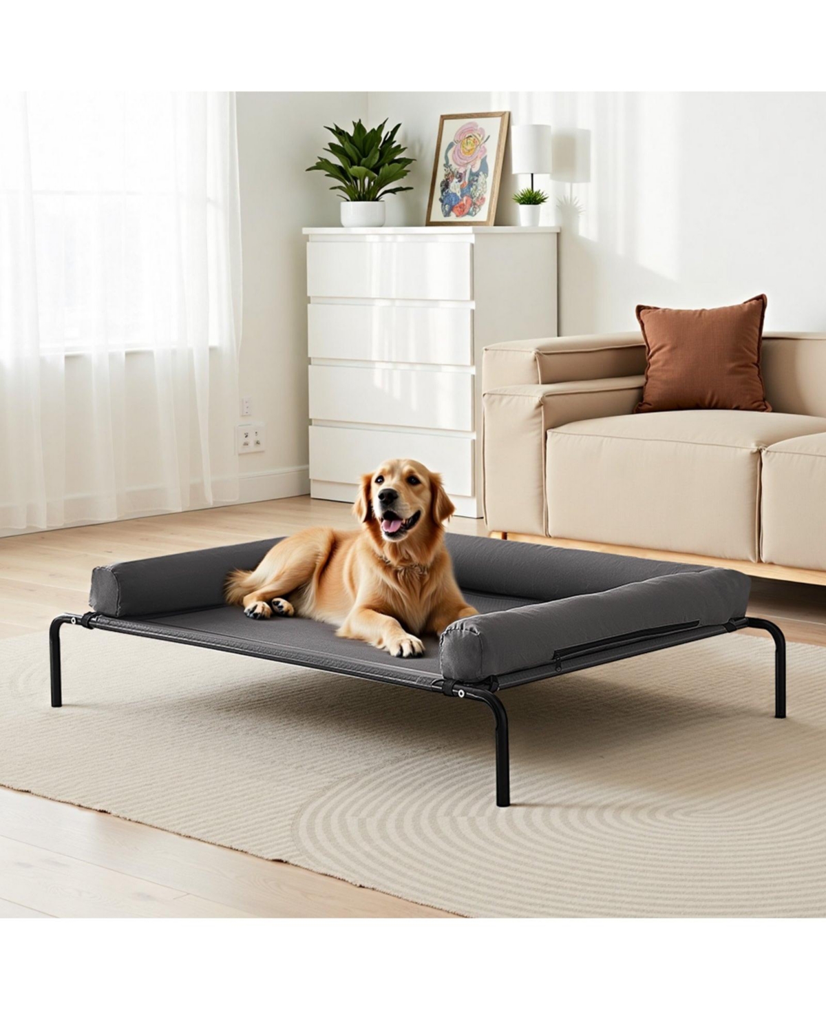 Cozito Steel Frame Portable Elevated Pet Cot with Washable Pillow, Xl, Gray