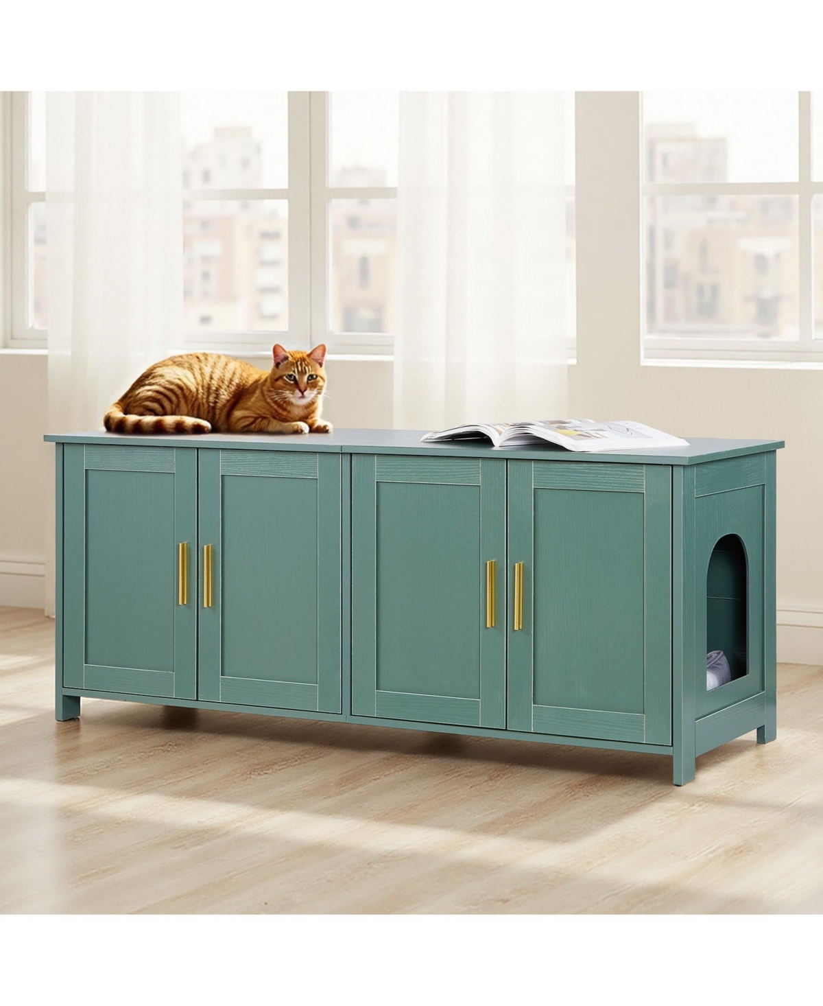 Cozito 47.2" 4-Door Wooden Litter Box Enclosure for Multi-Cats
