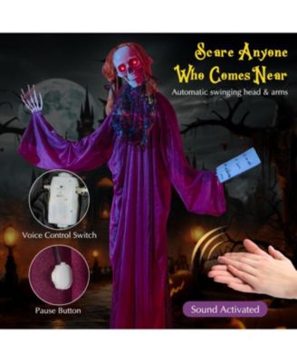 6 ft Halloween Animatronic Standing Girl Holding Book with Sound-Activated Light-up Eyes and Moving Arms & Head