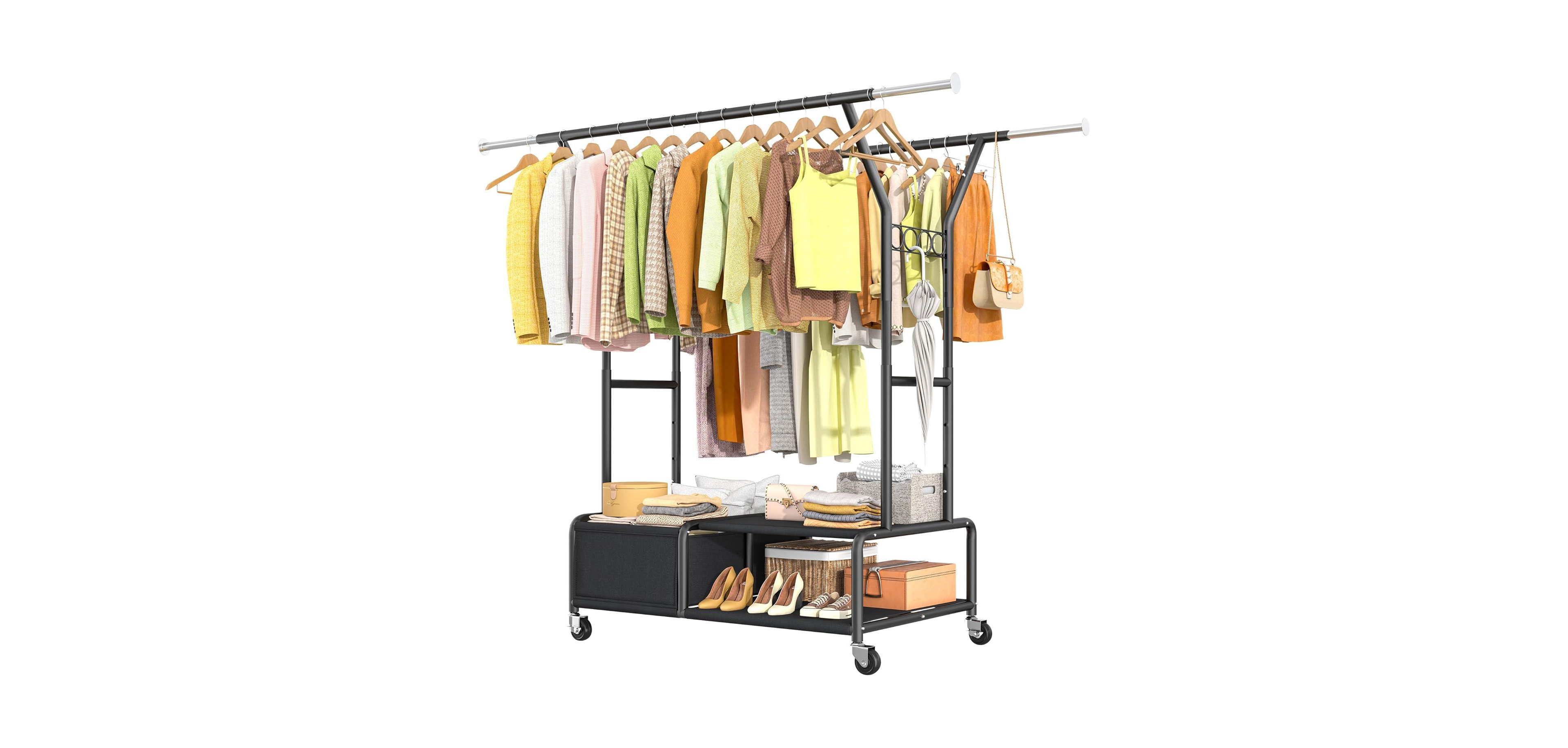 Raybee Clothes Racks for Hanging Clothes with Shelves 400LBS, Adjustable Clothing Rack with Lockable Wheels, Multi-Functional Closet Rack For Bedroom